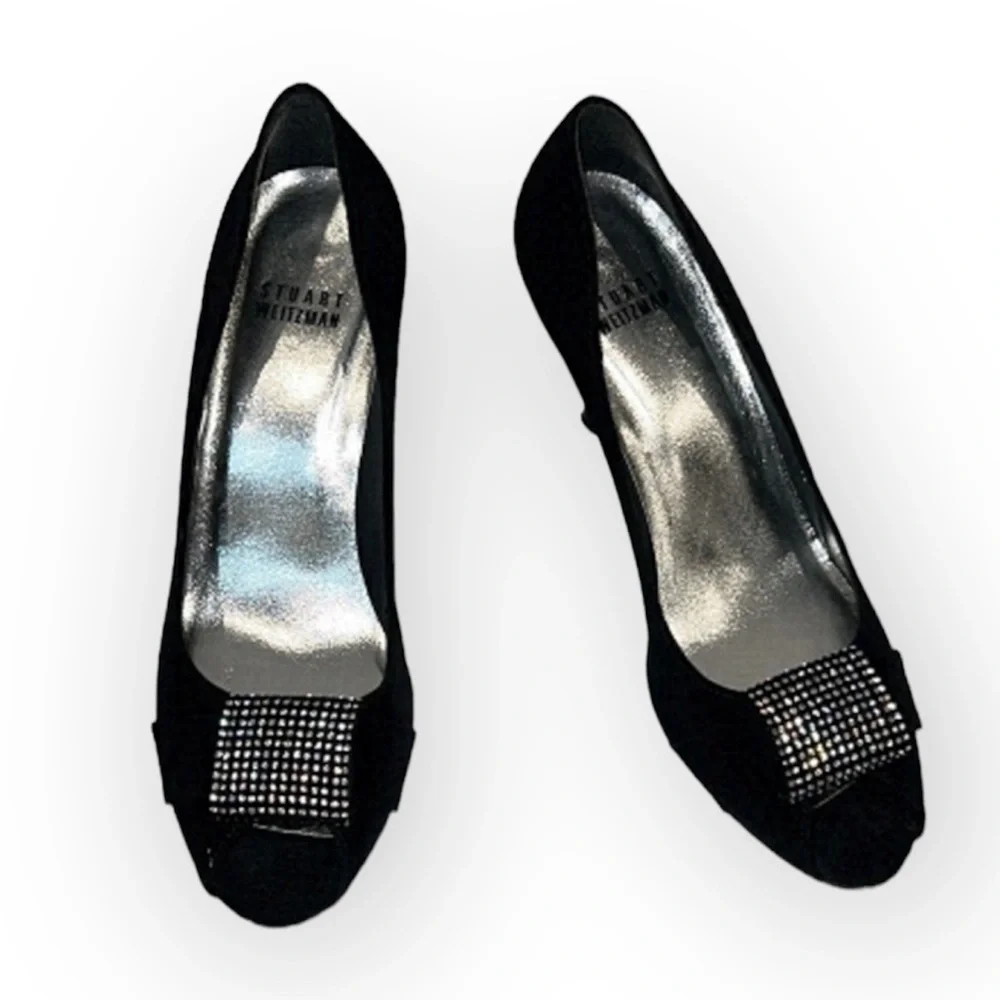 Stuart Weitzman Black Satin Jewel Embellished Peep toe pumps shoes size 6.5 M - Picture 13 of 15
